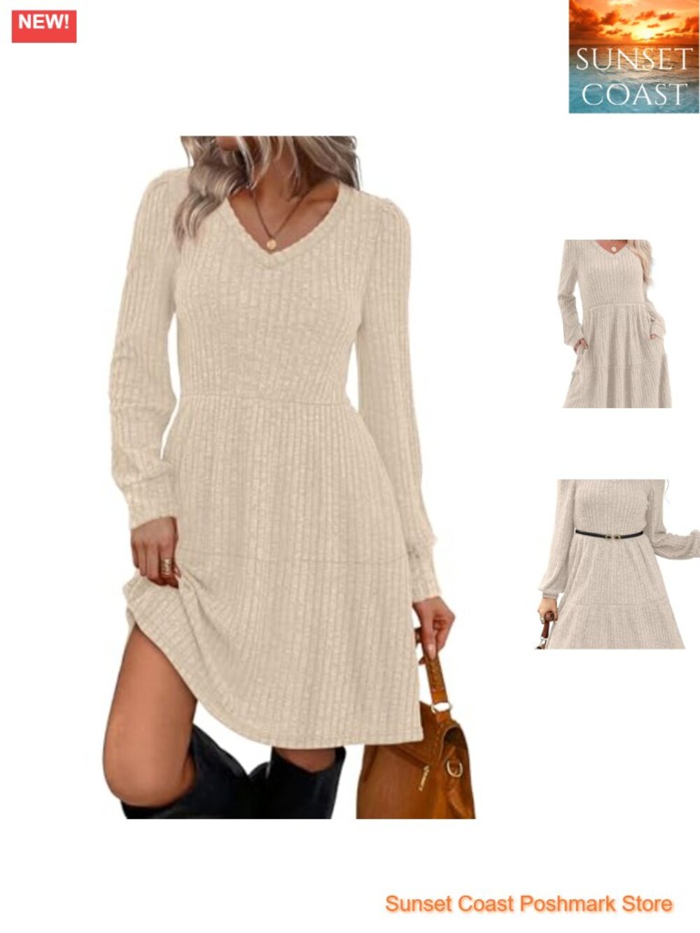 V Neck Long Sleeve Babydoll Sweater Dress Casual Fall
